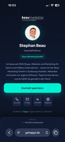 Digitale Visitenkarte von Stephan Beau auf gettappi.de, geöffnet in Safari auf dem iPhone – Profil mit Foto, Kontakt speichern und Kontaktdaten